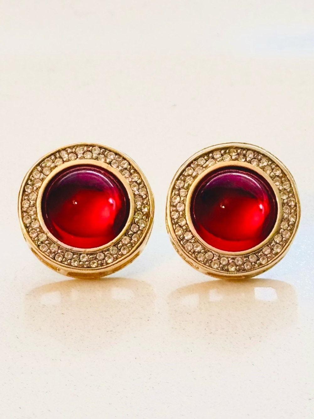 Vintage Swarovski Ruby Red Cabochon/Pavé Crystal Gold Pierced Earrings Edelweiss